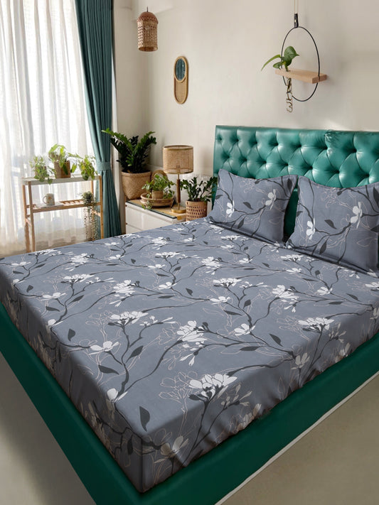 Klotthe Grey Floral 300 TC Cotton Blend Super King Double Bedsheet with 2 Pillow covers