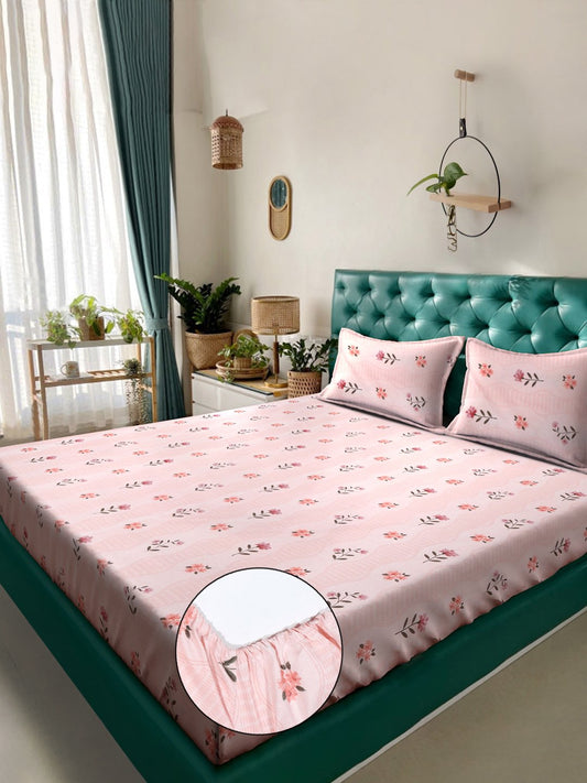 Book Fold Pink Floral 300 TC Cotton Blend Fitted Double Bedsheet with 2 Pillow Covers