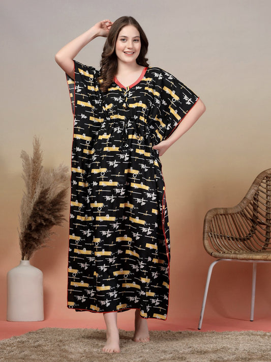 Black Abstract Cotton Blend Kaftan Maxi Nightdress