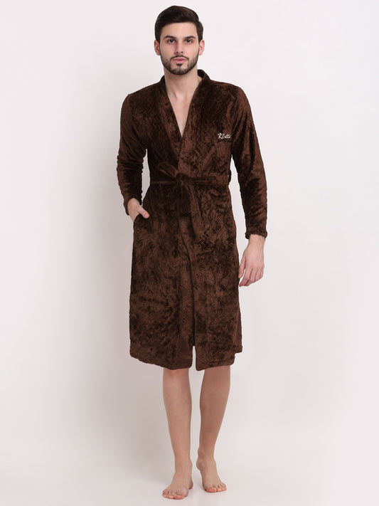 Men DarkBrown Self Design Wool Bath Robe With Belt