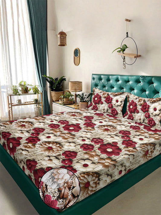 Beige Floral 7D King Size Cotton Blend Fitted Double Bedsheet with 2 Pillow Covers