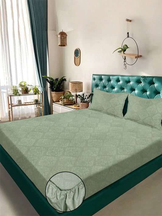 Green Floral Embossed Cotton Blend Fitted Double Bedsheet with 2 Pillow Covers