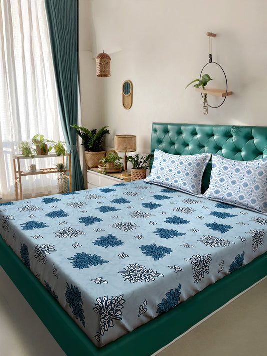 Blue Floral 400 TC Pure Cotton Double Bedsheet with 2 Pillow Covers