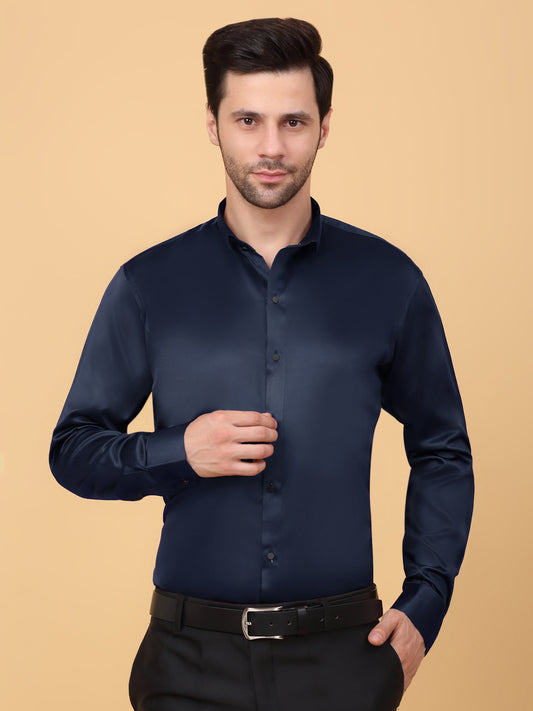 Klotthe Men NavyBlue Solid Spread Collar Satin Formal Shirt