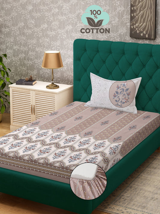 Klotthe Peach Floral 400 TC Pure Cotton Fitted Single Bedsheet with Pillow Cover