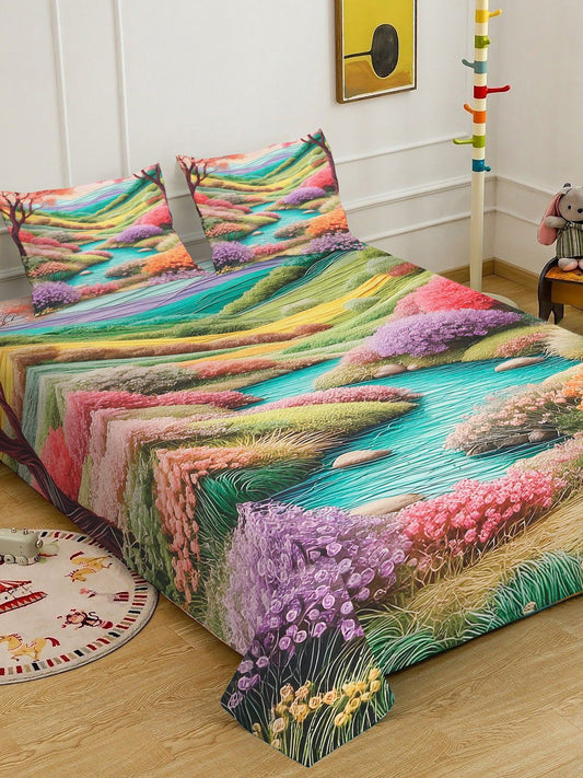 Multi 7D Floral Printed Cotton Blend Double Bedsheet with 2 Pillow Covers