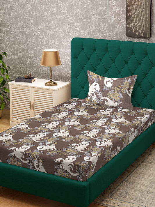 Brown Floral 300 TC Cotton Blend Single Bedsheet Set in Book Fold Packing