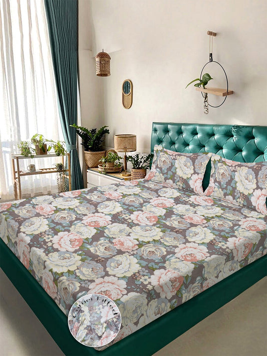 Multi Floral 300 TC Cotton Blend Fitted Double Bedsheet with 2 Pillow Covers