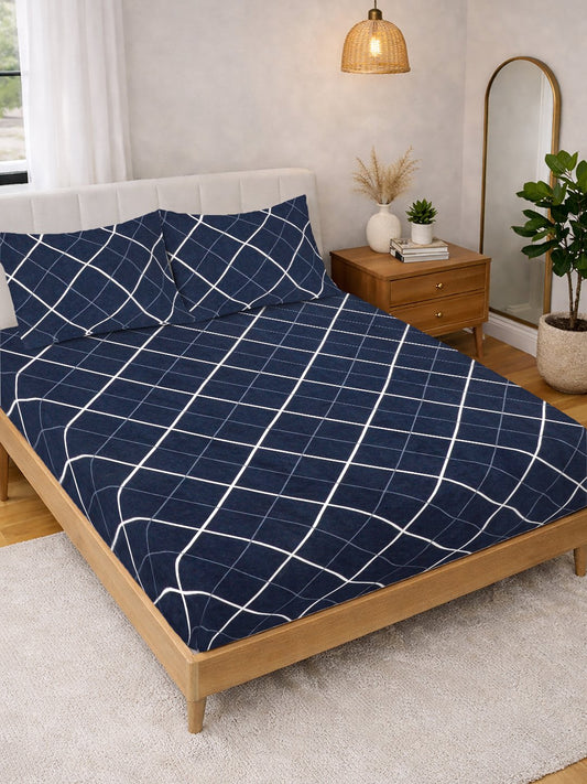 Blue Geometric Cotton Blend Double Bedsheet with 2 Pillow Covers