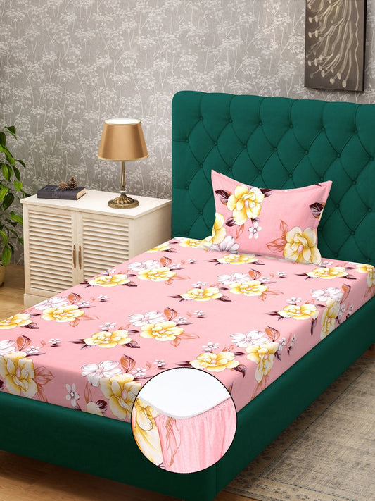 Pink Floral 300 TC Cotton Blend Fitted Single Bedsheet in Book Fold Packing