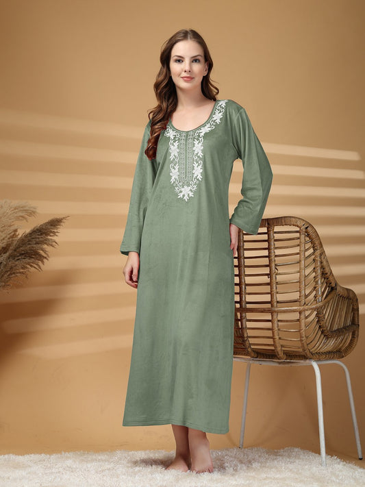 Klotthe Olive Solid Soft touch Velvet Maxi Nightdress