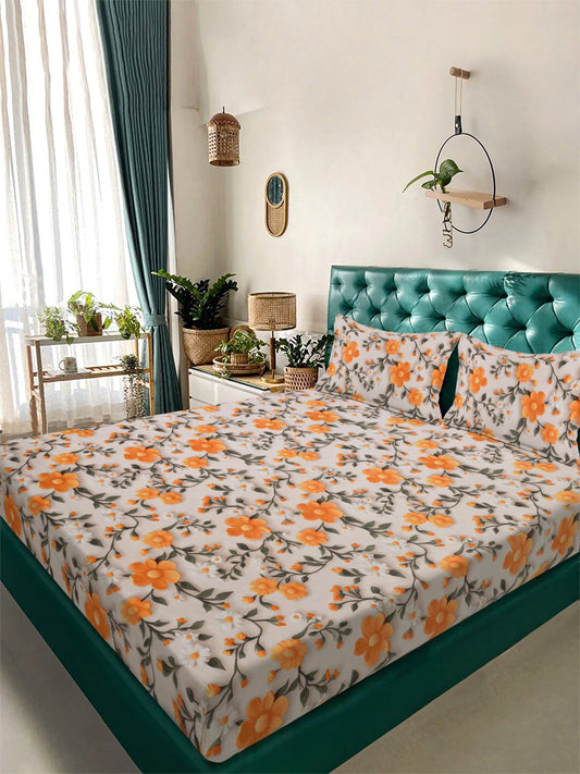 Cream Floral 7D King Size Cotton Blend Double Bedsheet with 2 Pillow Covers