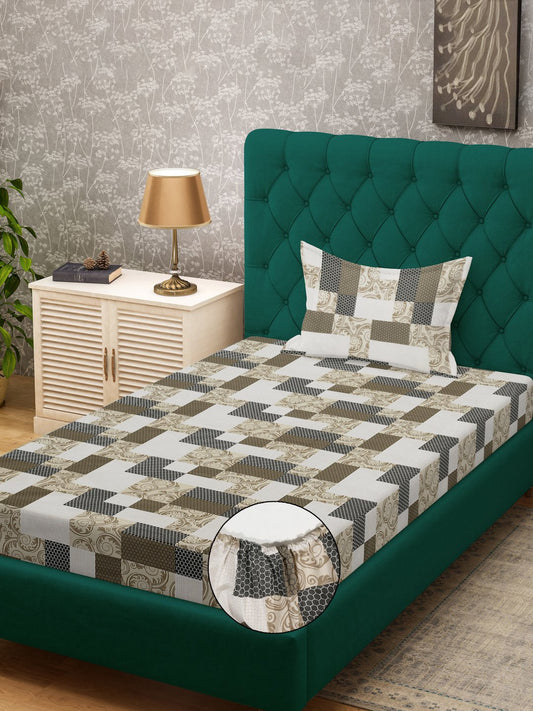 Multi Geometric 400 TC Pure Cotton Fitted Single Bedsheet with Pillow Cover