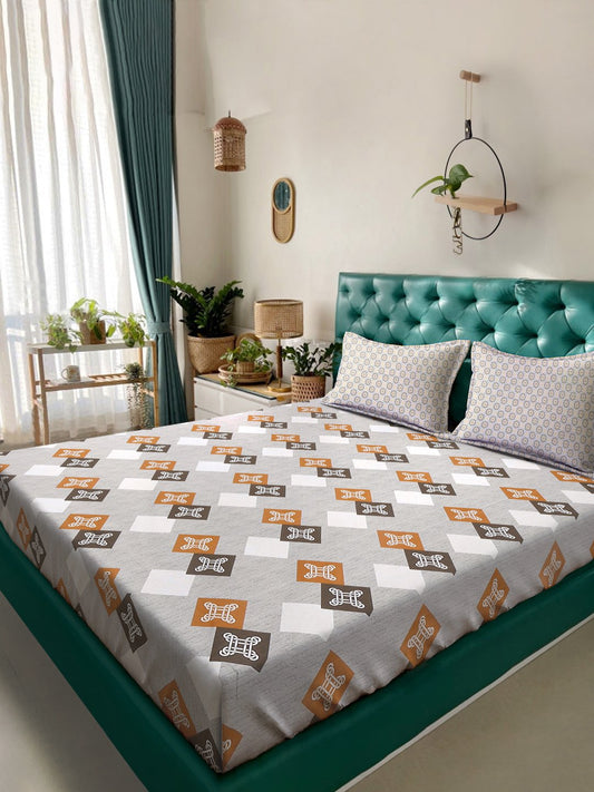 Grey Geometric 400 TC Pure Cotton Double Bedsheet with 2 Pillow Covers