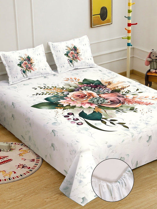 Cream 7D Floral Printed Fitted Cotton Blend Double Bedsheet with 2 Pillow Covers