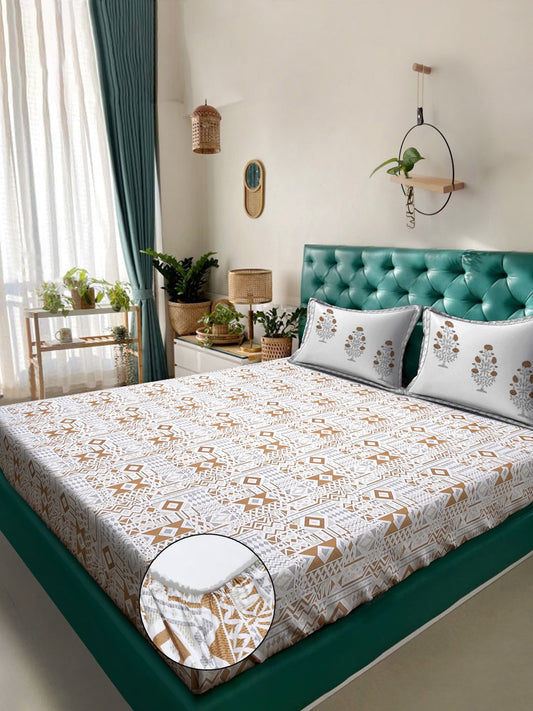 Mustard Geometric 400 TC Pure Cotton Super King Fitted Double Bedsheet with 2 Pillow Covers