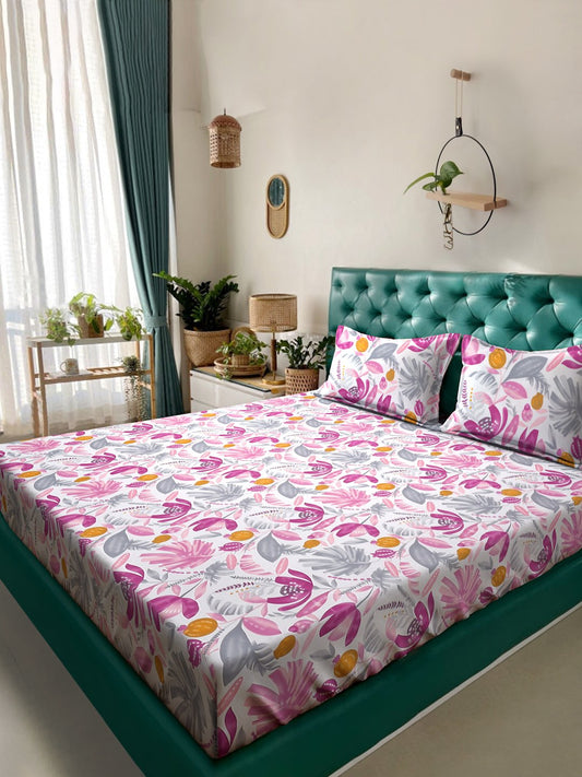 Multi Floral 300 TC Cotton Blend Double Bedsheet with 2 Pillow Covers
