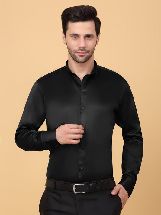 Klotthe Men Black Solid Spread Collar Satin Formal Shirt