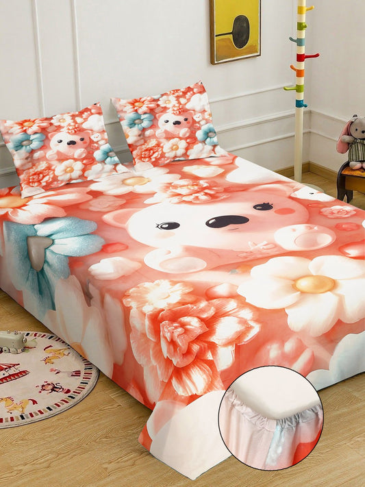 Orange 7D Cartoon Characters Printed Fitted Cotton Blend Double Bedsheet with 2 Pillow Covers