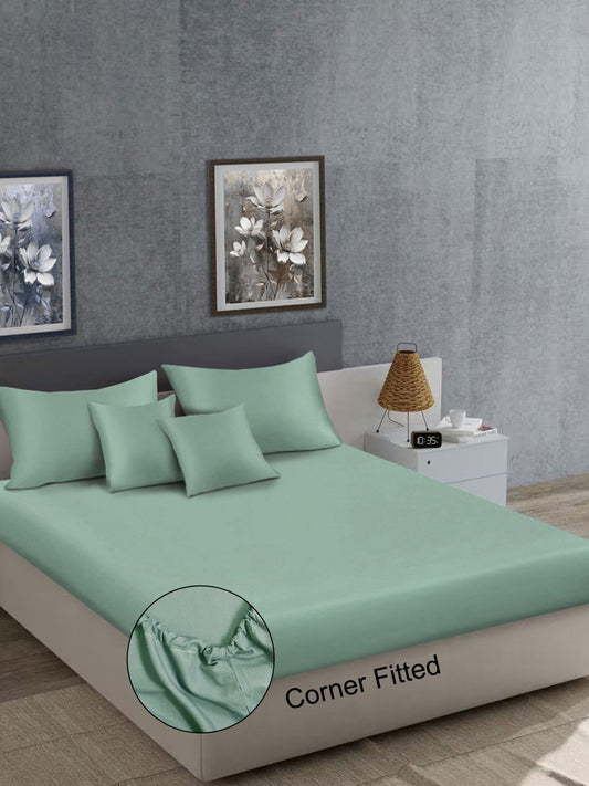 Green Solid 400 TC Satin Fitted Super King Double Bedsheet with 2 Pillow Covers & 2 Cushion Covers