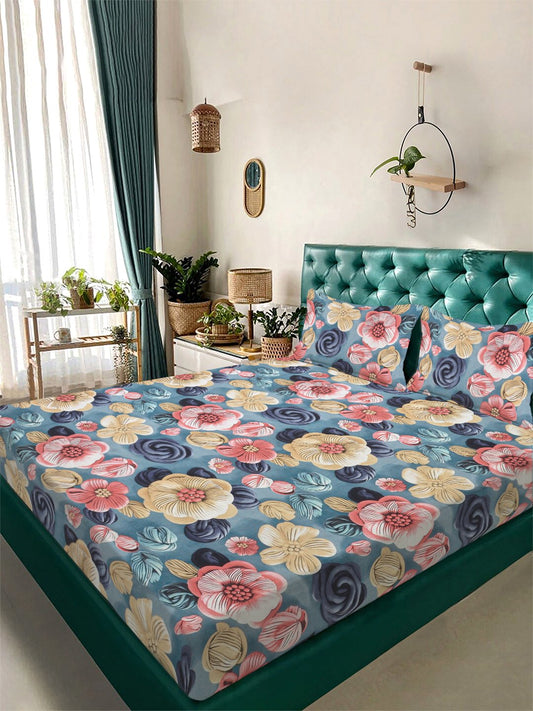 Blue Floral 7D King Size Cotton Blend Double Bedsheet with 2 Pillow Covers