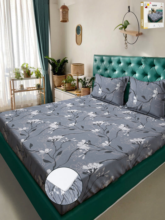 Klotthe Grey Floral 300 TC Cotton Blend Fitted Super King Double Bedsheet in Book Fold Packing