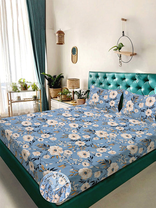 Blue Floral 300 TC Cotton Blend Fitted Double Bedsheet with 2 Pillow Covers