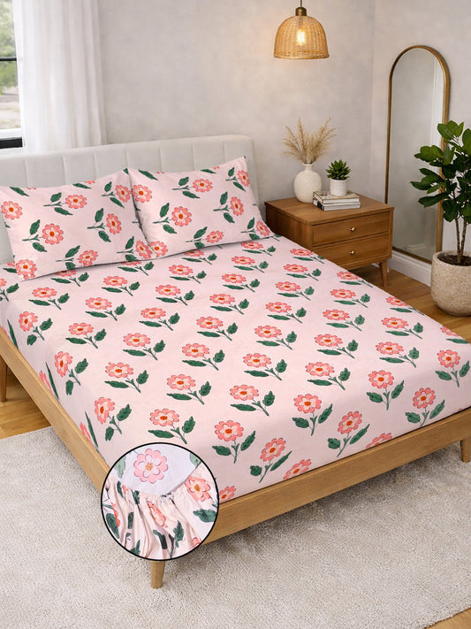 Pink Floral Cotton Blend Fitted Double Bedsheet with 2 Pillow Covers