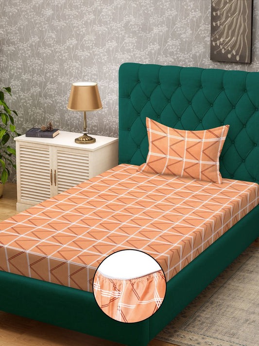Orange Geometric 300 TC Cotton Blend Fitted Single Bedsheet in Book Fold Packing
