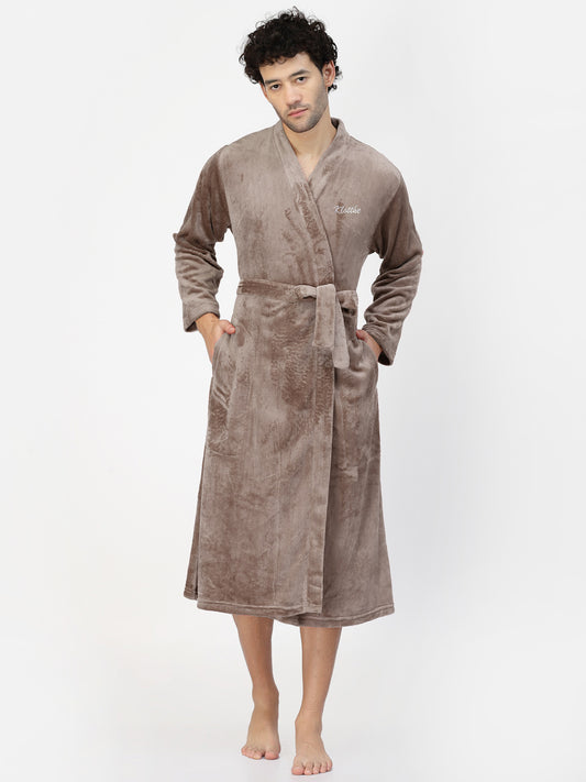 Klotthe Men Beige Solid Bath Robe With Belt