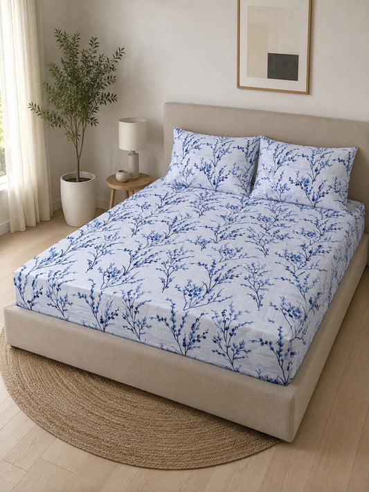 Blue Floral Cotton Blend Double Bedsheet with 2 Pillow Covers