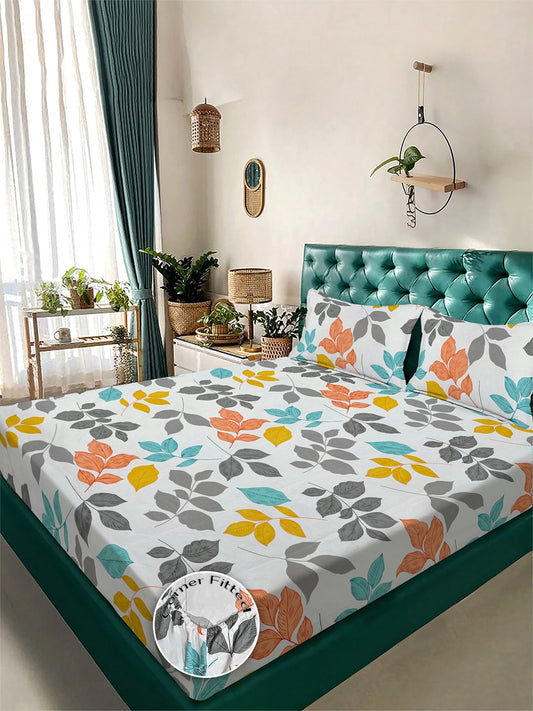 Multi Floral 300 TC Cotton Blend Fitted Double Bedsheet with 2 Pillow Covers
