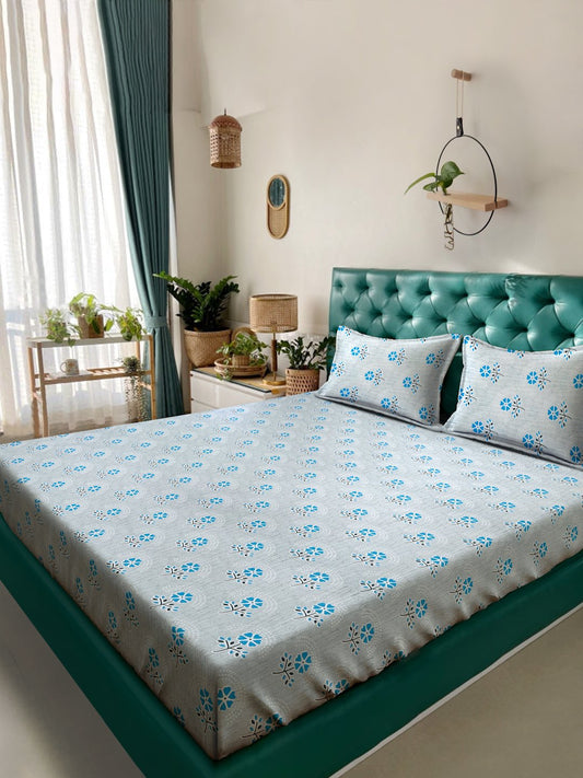 Blue Floral 400 TC Pure Cotton Double Bedsheet with 2 Pillow Covers