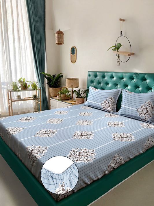 Ethnic Motifs 300 TC Cotton Blend Fitted Double Bedsheet in Book Fold Packing