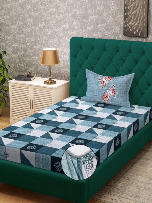 Blue Geometric 400 TC Pure Cotton Fitted Single Bedsheet with Pillow Cover