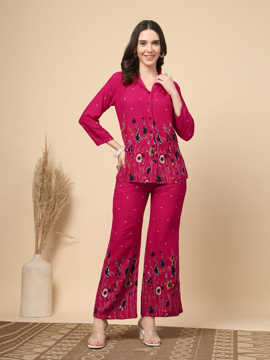 Pink Cotton Printed Shirt With Trousers Co-Ords Set