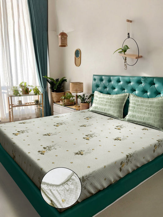 Green Floral 400 TC Pure Cotton Fitted Double Bedsheet with 2 Pillow Covers