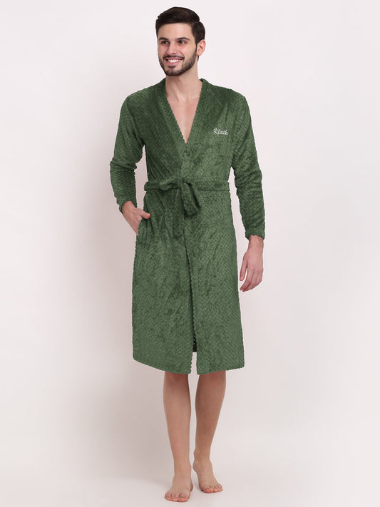 Men Green Self Design Wool Bath Robe With Belt