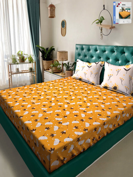Klotthe Yellow Floral 300 TC Cotton Blend Double Bedsheet in Book Fold Packing