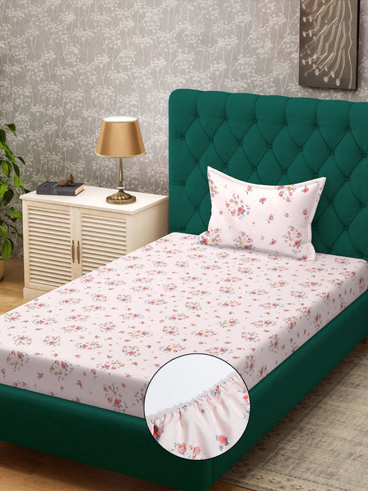 Pink Floral 300 TC Cotton Blend Fitted Single Bedsheet with Pillow Cover