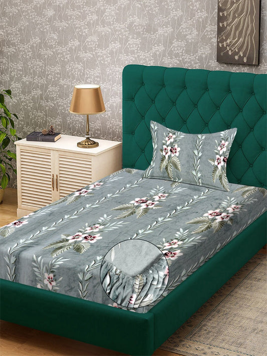 Green Floral Fitted Woolen Fitted Single Bedsheet with Pillow Cover