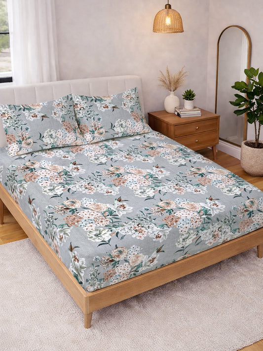 Grey Floral Cotton Blend Double Bedsheet with 2 Pillow Covers