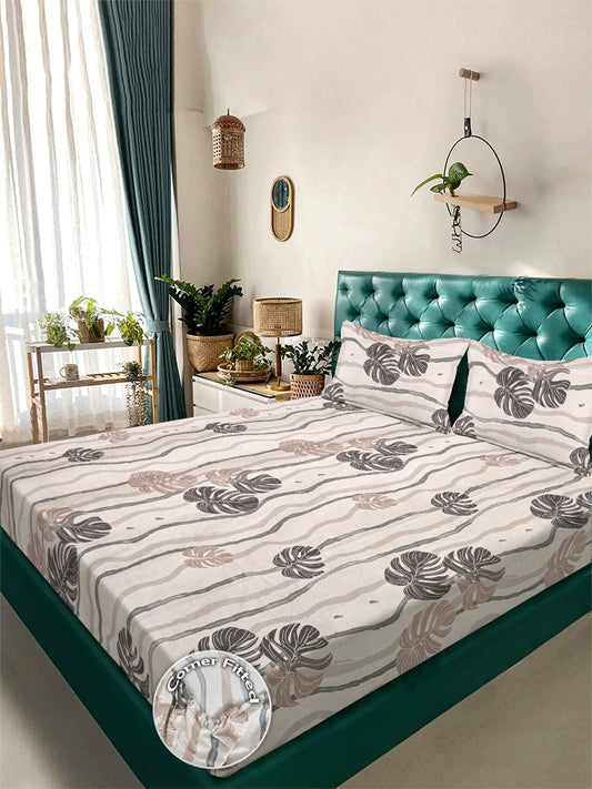Beige Floral 300 TC Cotton Blend Fitted Double Bedsheet with 2 Pillow Covers