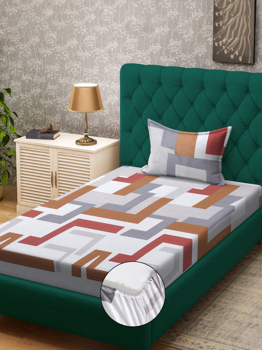 Klotthe Multicolor Geometric 300 TC Cotton Blend Fitted Single Bedsheet with Pillow Cover