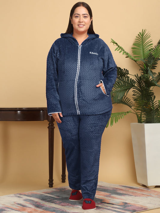Women Navy Blue Solid Hooded Woolen Night Suit