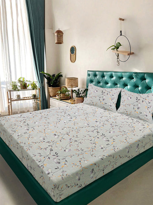 Grey Floral 300 TC Cotton Blend Double Bedsheet with 2 Pillow Covers