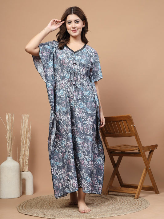 Grey Floral Cotton Blend Kaftan Maxi Nightdress