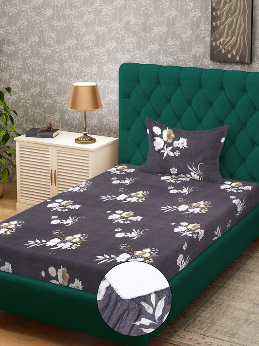Brown Floral 300 TC Cotton Blend Fitted Single Bedsheet in Book Fold Packing