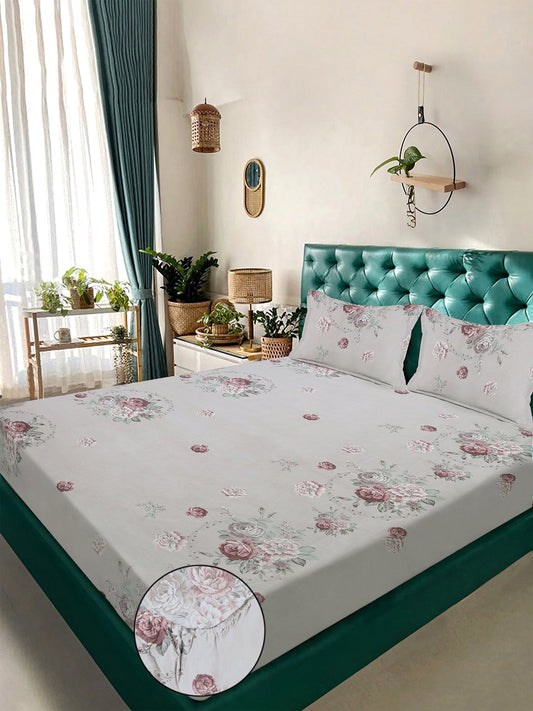 Multi Floral 300 TC Cotton Blend Fitted Double Bedsheet with 2 Pillow Covers