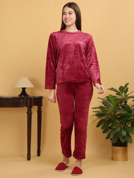 Klotthe Women Red Solid Woolen Night Suit